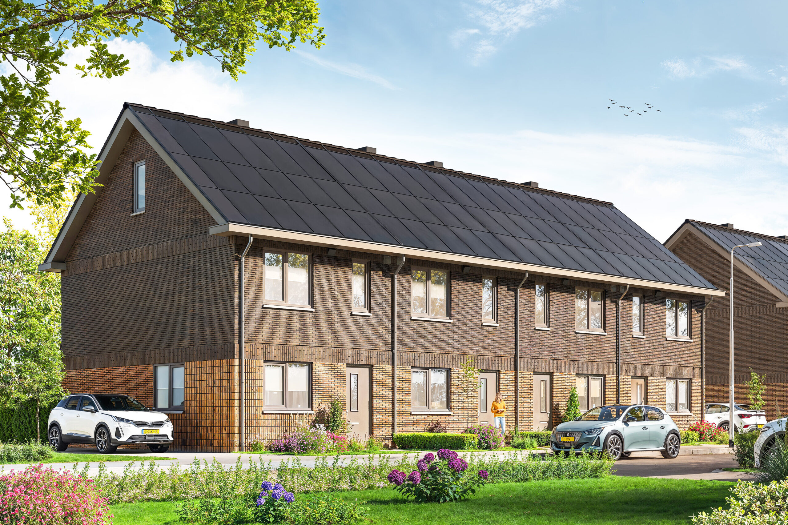 Artist impression van nieuwbouwwoningen aan de Pitrietstraat in Noordwolde, met moderne architectuur, groene voortuinen en rustige woonomgeving