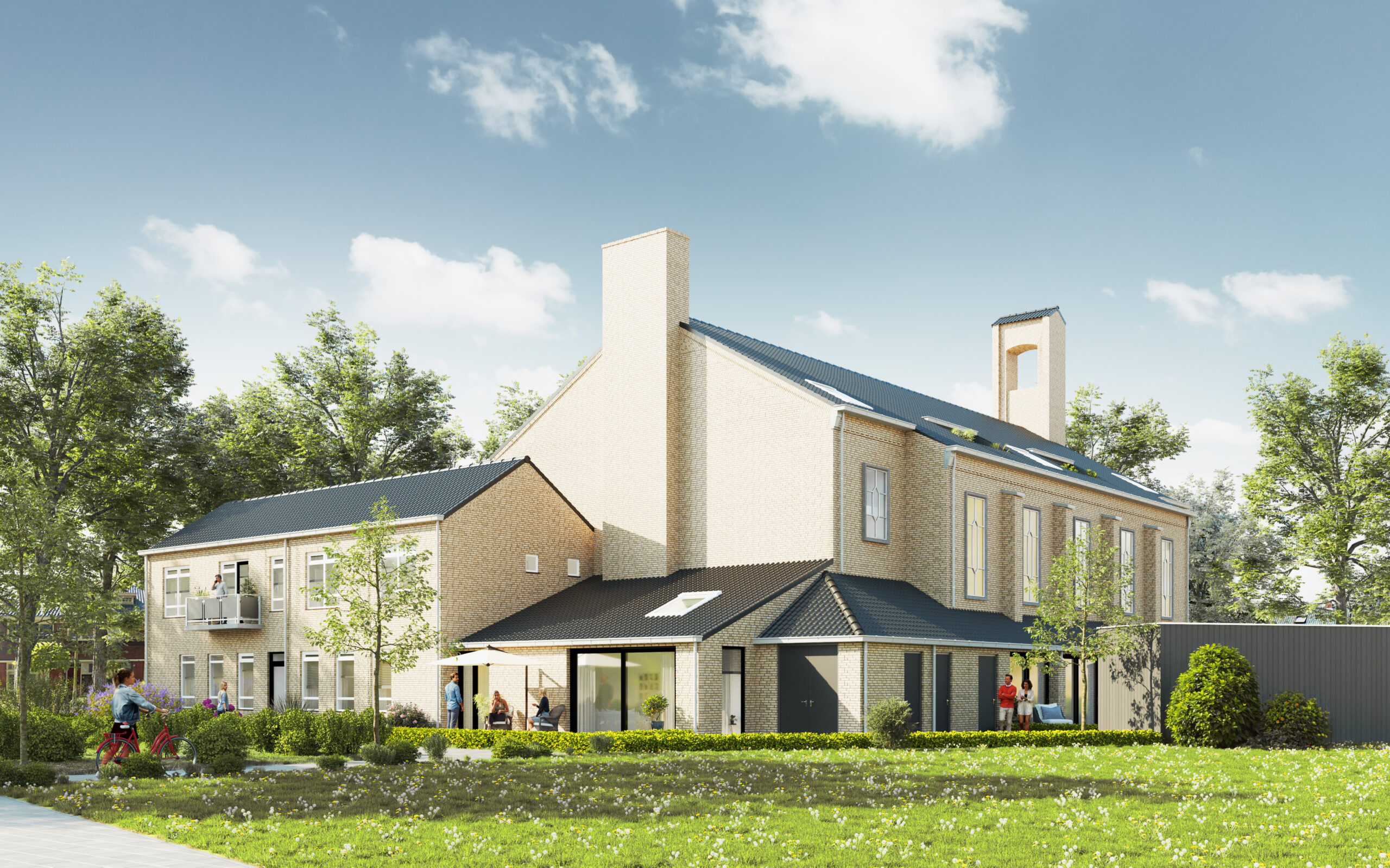 Artist impression van het exterieur van een omgebouwde kerk tot luxe appartementen, met een combinatie van moderne voorzieningen en historische architectuur, visualisatie voor vastgoed.