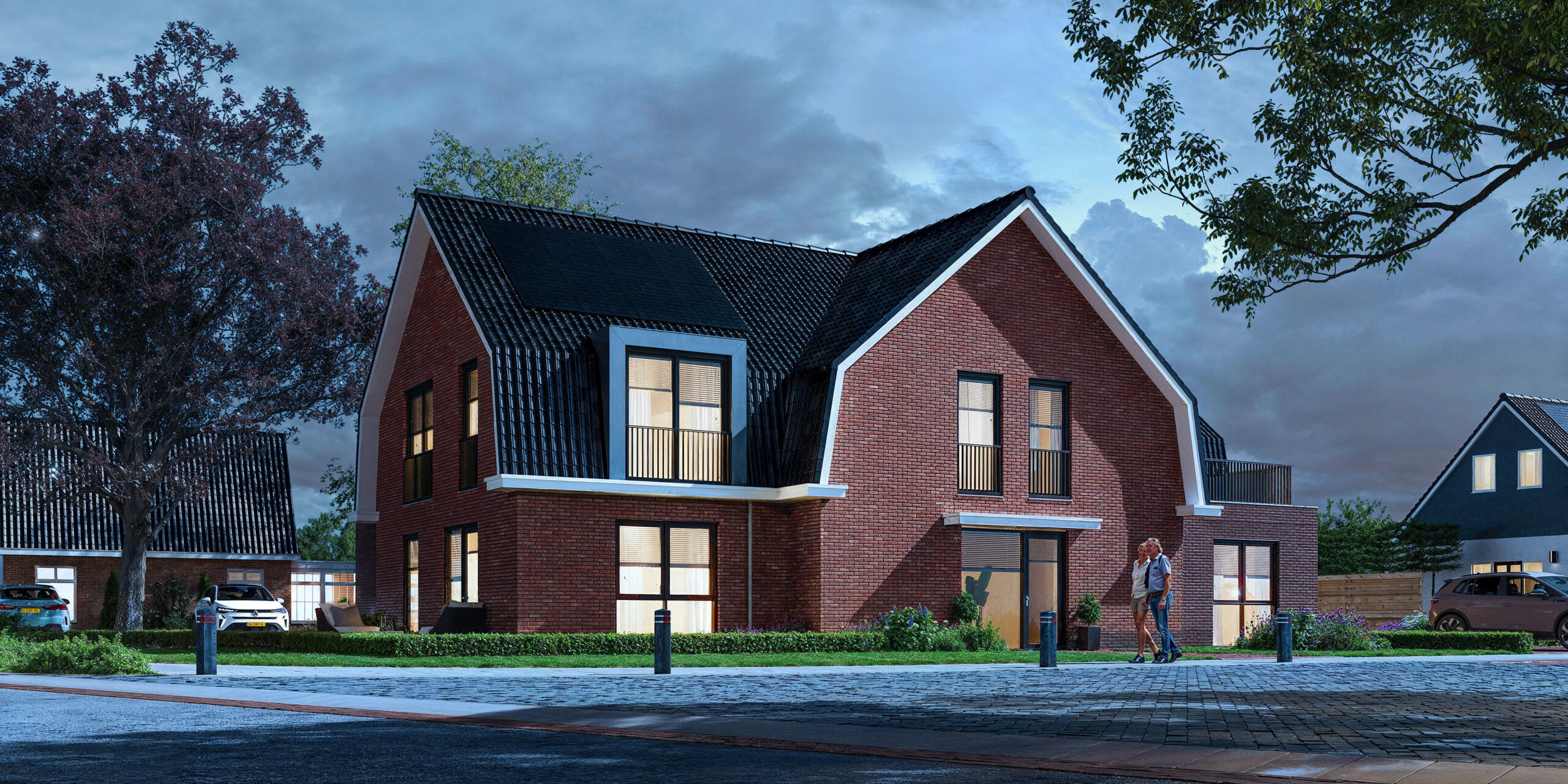 Artist impression van een woning aan Ferlinge Stasjonsstrjitte 108 in De Westereen bij avond, met gevelverlichting, warme binnenverlichting en realistische sfeer