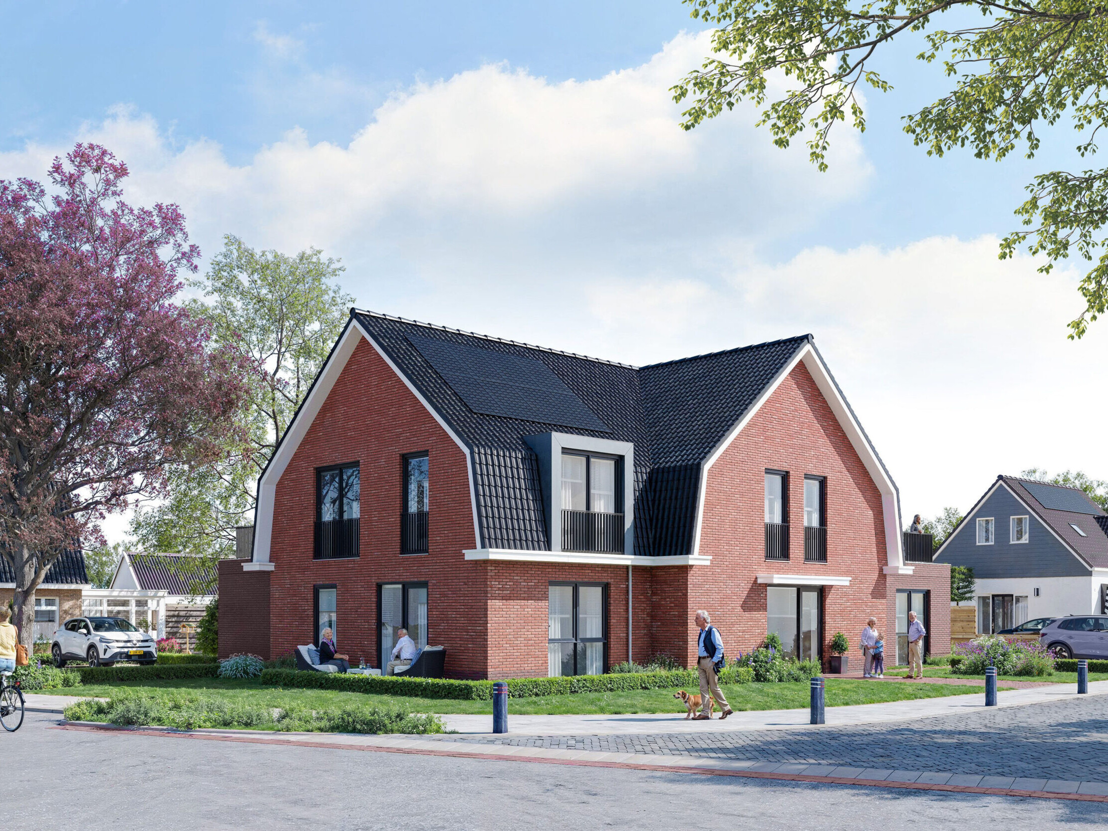 Artist impression van een nieuwbouwwoning aan Ferlinge Stasjonsstrjitte 108 in De Westereen bij daglicht, met tuin, geveldetails en natuurlijke omgeving